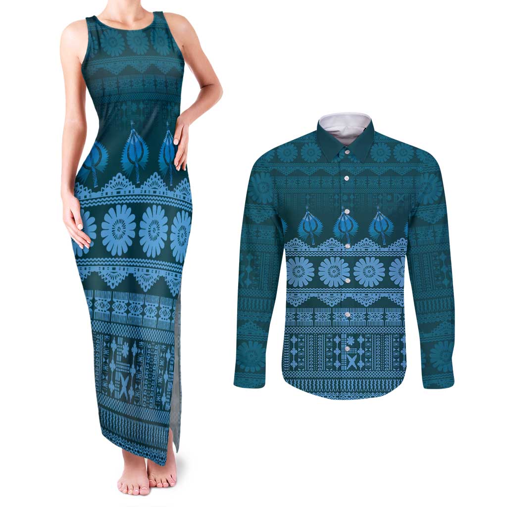 Bula Fiji Iri ni Meke Couples Matching Tank Maxi Dress and Long Sleeve Button Shirt Karakarawa Fijian Masi LT14 Blue - Polynesian Pride