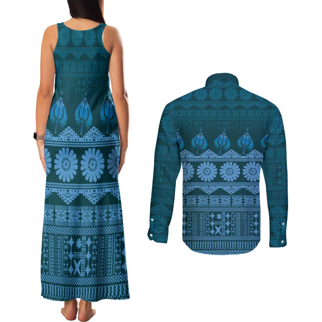 Bula Fiji Iri ni Meke Couples Matching Tank Maxi Dress and Long Sleeve Button Shirt Karakarawa Fijian Masi LT14 - Polynesian Pride