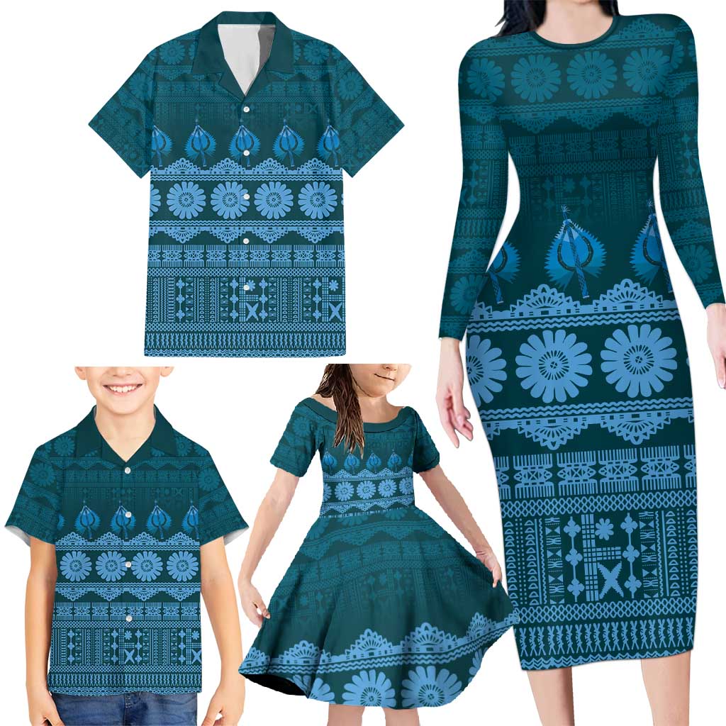 Bula Fiji Iri ni Meke Family Matching Long Sleeve Bodycon Dress and Hawaiian Shirt Karakarawa Fijian Masi LT14 - Polynesian Pride