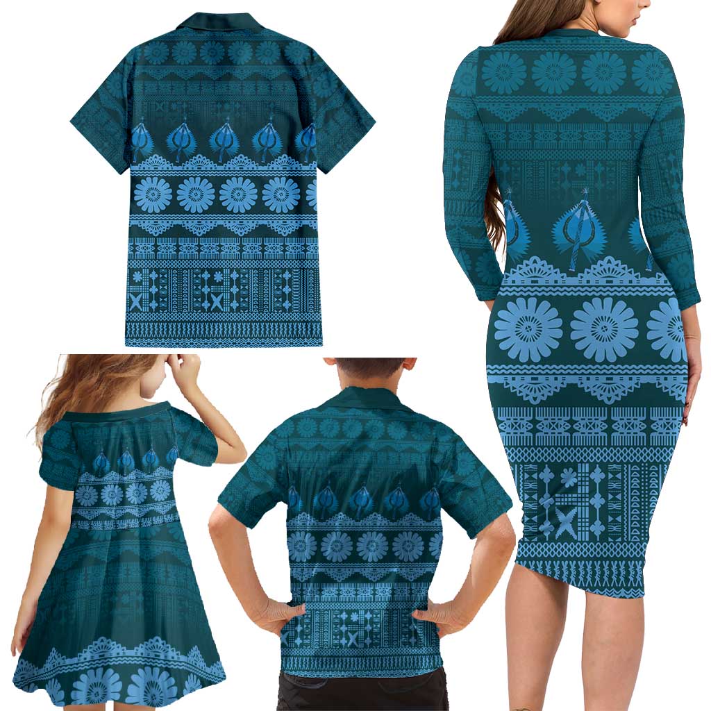 Bula Fiji Iri ni Meke Family Matching Long Sleeve Bodycon Dress and Hawaiian Shirt Karakarawa Fijian Masi LT14 - Polynesian Pride