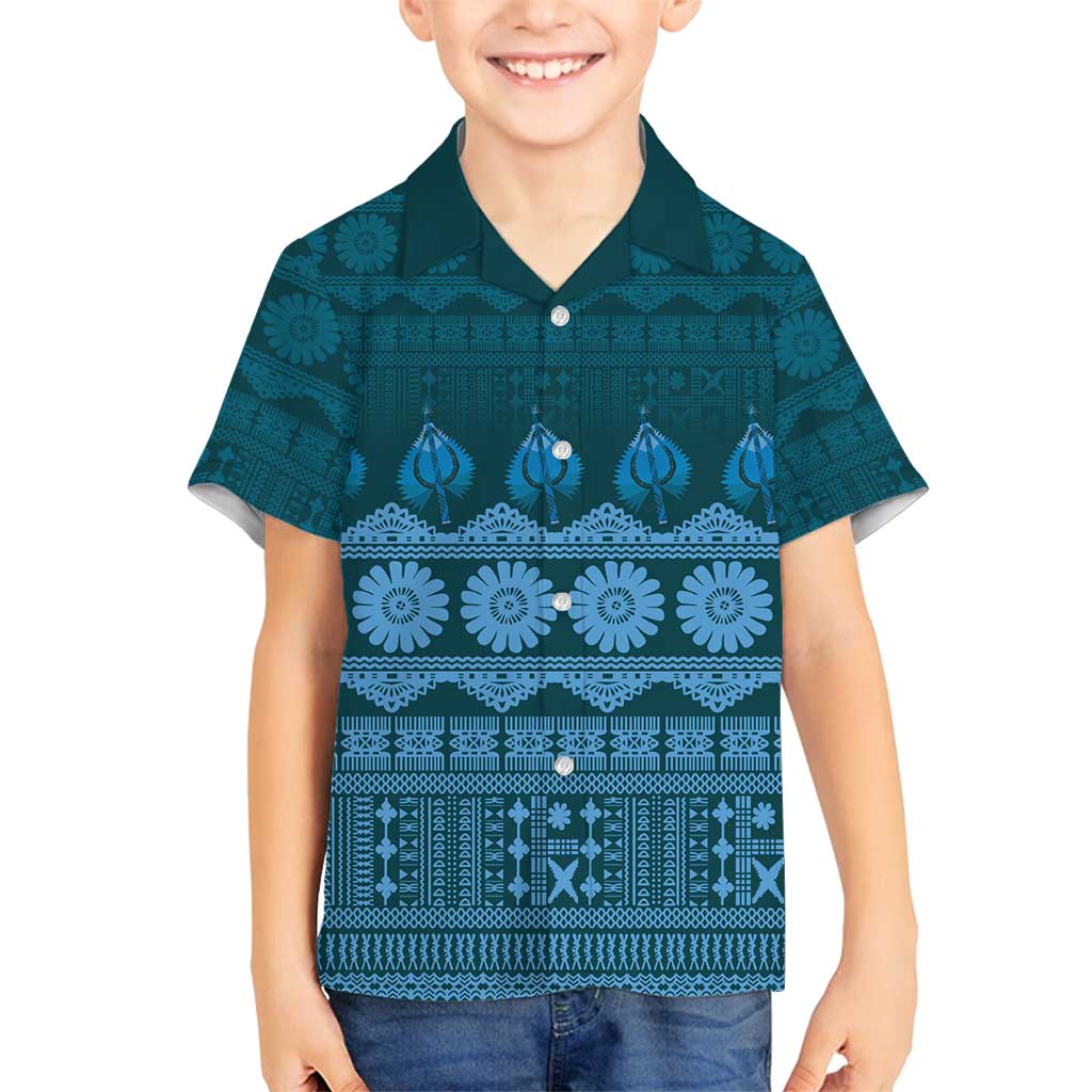 Bula Fiji Iri ni Meke Family Matching Long Sleeve Bodycon Dress and Hawaiian Shirt Karakarawa Fijian Masi LT14 Son's Shirt Blue - Polynesian Pride