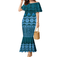 Bula Fiji Iri ni Meke Family Matching Mermaid Dress and Hawaiian Shirt Karakarawa Fijian Masi LT14 Mom's Dress Blue - Polynesian Pride