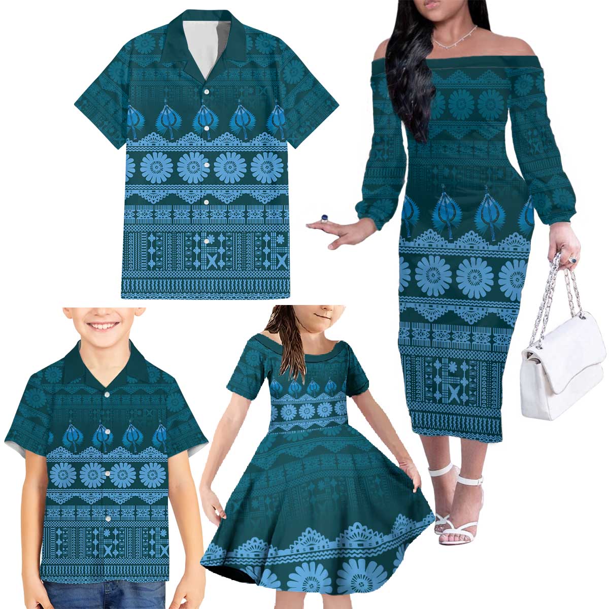 Bula Fiji Iri ni Meke Family Matching Off The Shoulder Long Sleeve Dress and Hawaiian Shirt Karakarawa Fijian Masi LT14 - Polynesian Pride