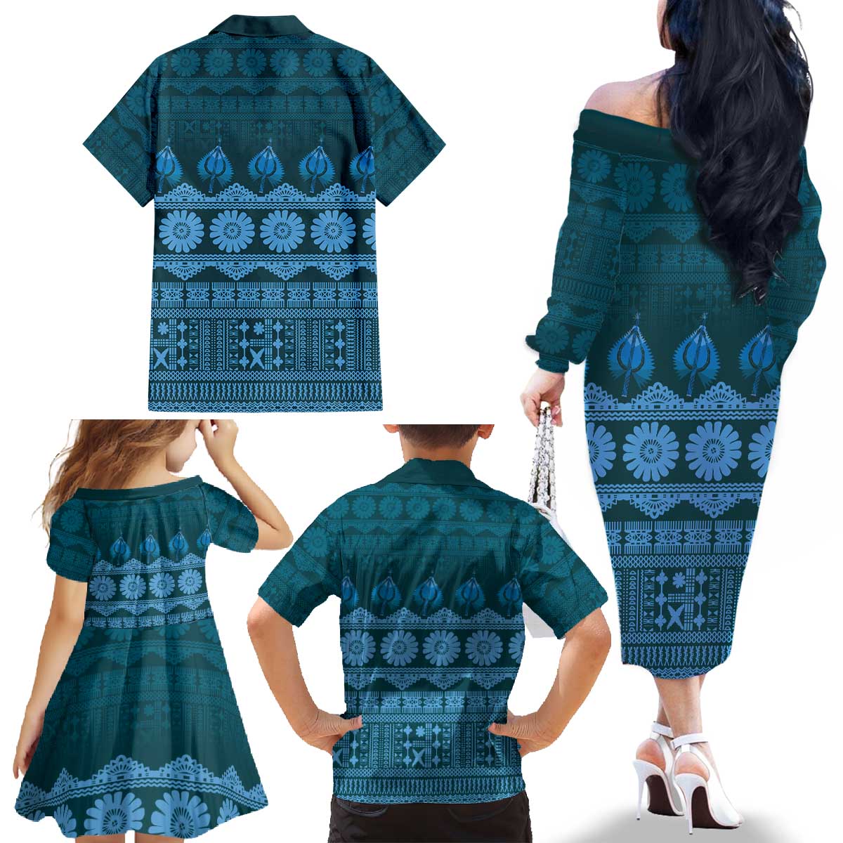 Bula Fiji Iri ni Meke Family Matching Off The Shoulder Long Sleeve Dress and Hawaiian Shirt Karakarawa Fijian Masi LT14 - Polynesian Pride