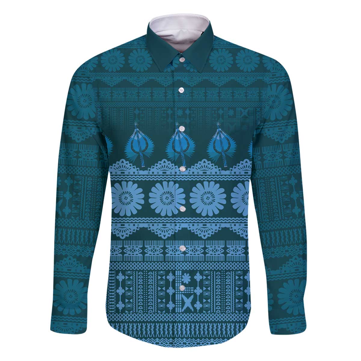 Bula Fiji Iri ni Meke Family Matching Off The Shoulder Long Sleeve Dress and Hawaiian Shirt Karakarawa Fijian Masi LT14 Dad's Shirt - Long Sleeve Blue - Polynesian Pride