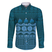 Bula Fiji Iri ni Meke Family Matching Off The Shoulder Long Sleeve Dress and Hawaiian Shirt Karakarawa Fijian Masi LT14 Dad's Shirt - Long Sleeve Blue - Polynesian Pride