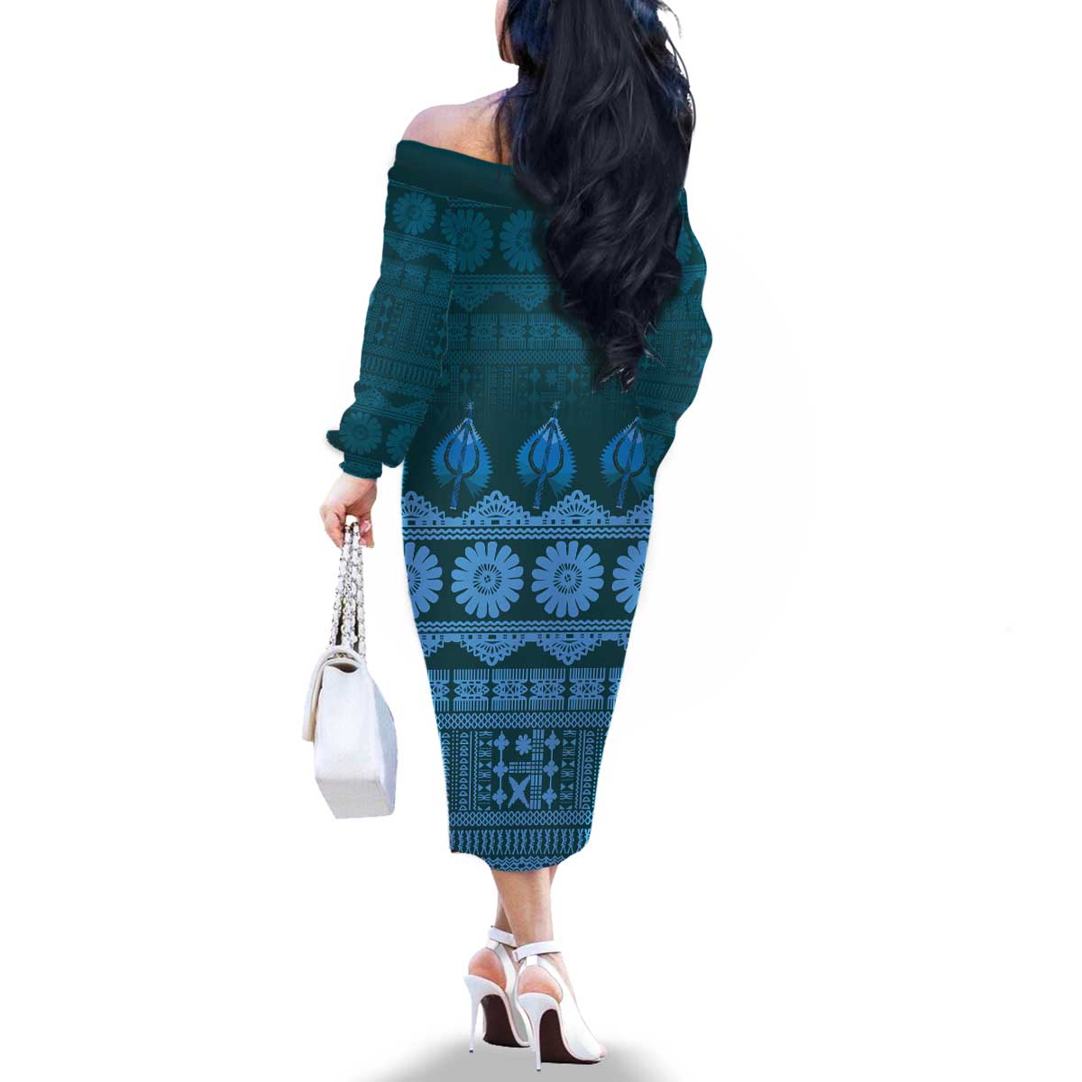 Bula Fiji Iri ni Meke Family Matching Off The Shoulder Long Sleeve Dress and Hawaiian Shirt Karakarawa Fijian Masi LT14 - Polynesian Pride