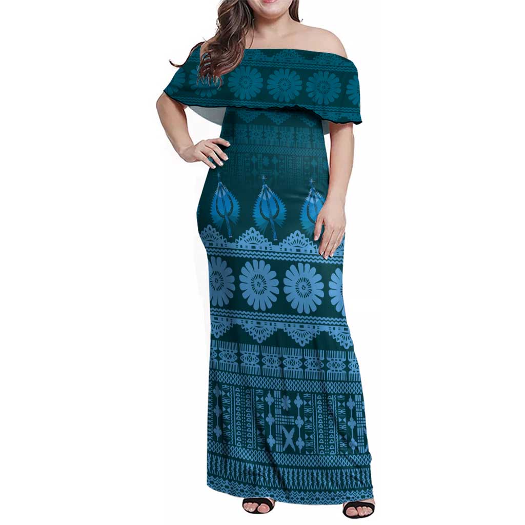 Bula Fiji Iri ni Meke Family Matching Off Shoulder Maxi Dress and Hawaiian Shirt Karakarawa Fijian Masi LT14 Mom's Dress Blue - Polynesian Pride