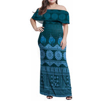 Bula Fiji Iri ni Meke Family Matching Off Shoulder Maxi Dress and Hawaiian Shirt Karakarawa Fijian Masi LT14 Mom's Dress Blue - Polynesian Pride