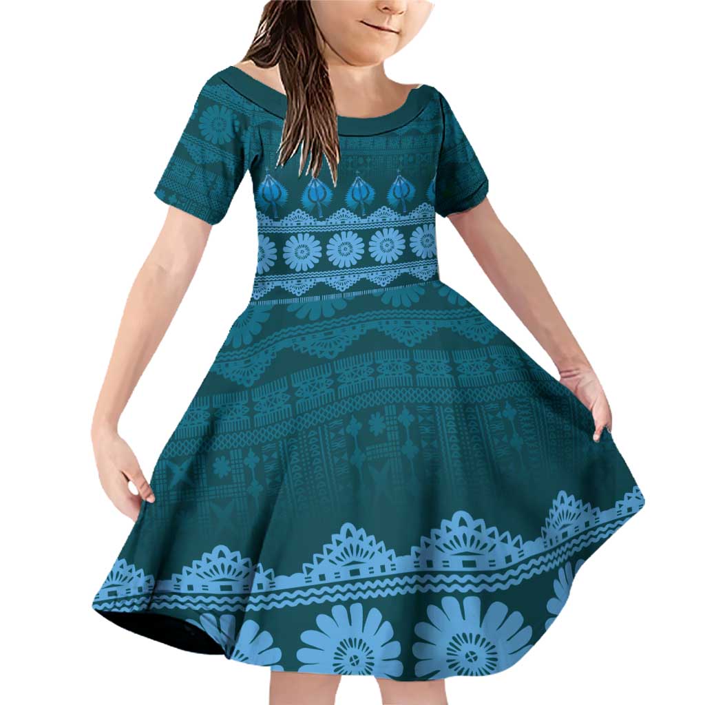 Bula Fiji Iri ni Meke Family Matching Off Shoulder Short Dress and Hawaiian Shirt Karakarawa Fijian Masi LT14 Daughter's Dress Blue - Polynesian Pride