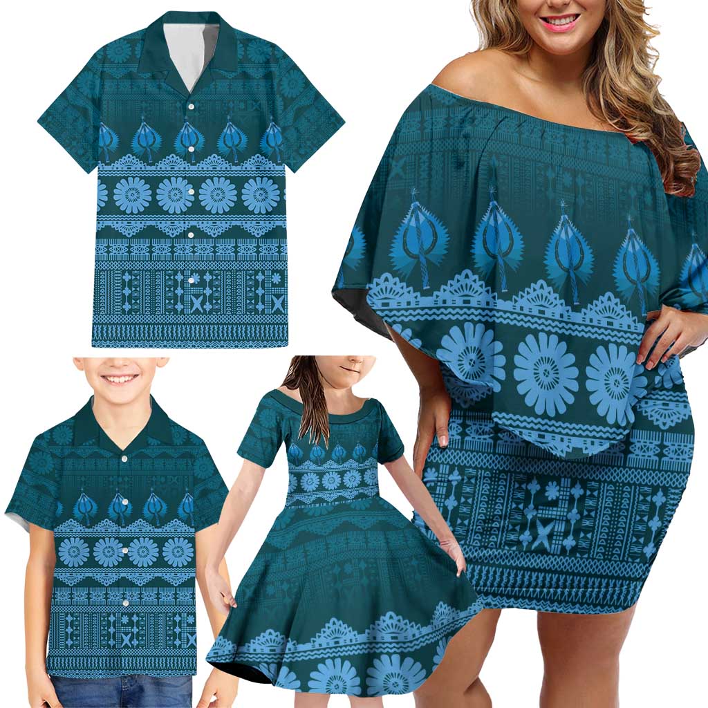 Bula Fiji Iri ni Meke Family Matching Off Shoulder Short Dress and Hawaiian Shirt Karakarawa Fijian Masi LT14 - Polynesian Pride