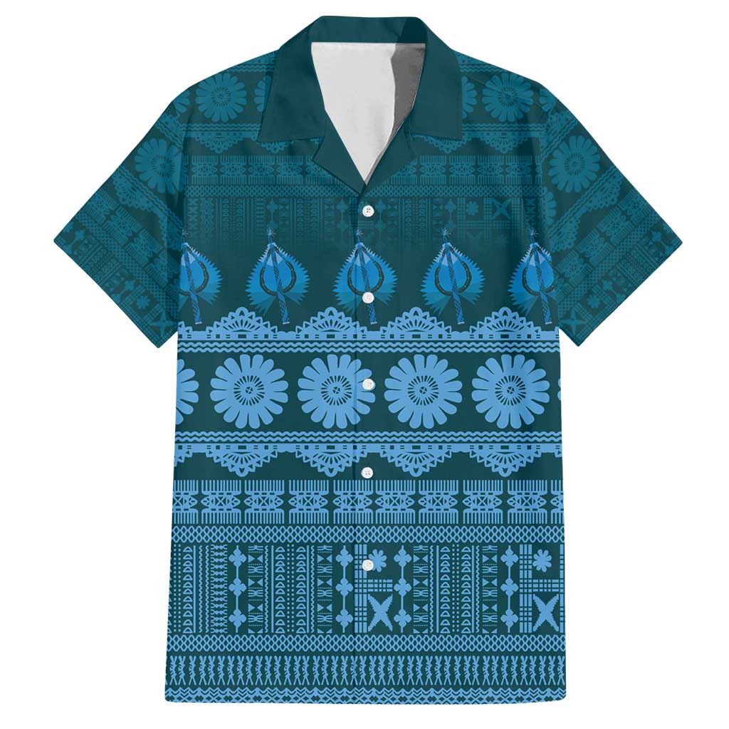 Bula Fiji Iri ni Meke Family Matching Off Shoulder Short Dress and Hawaiian Shirt Karakarawa Fijian Masi LT14 Dad's Shirt - Short Sleeve Blue - Polynesian Pride