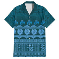 Bula Fiji Iri ni Meke Family Matching Off Shoulder Short Dress and Hawaiian Shirt Karakarawa Fijian Masi LT14 Dad's Shirt - Short Sleeve Blue - Polynesian Pride