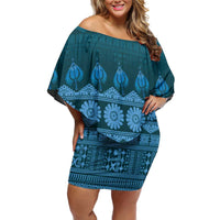 Bula Fiji Iri ni Meke Family Matching Off Shoulder Short Dress and Hawaiian Shirt Karakarawa Fijian Masi LT14 Mom's Dress Blue - Polynesian Pride