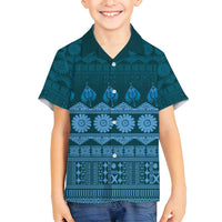 Bula Fiji Iri ni Meke Family Matching Off Shoulder Short Dress and Hawaiian Shirt Karakarawa Fijian Masi LT14 Son's Shirt Blue - Polynesian Pride
