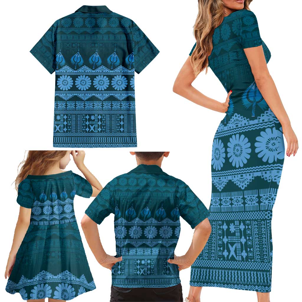 Bula Fiji Iri ni Meke Family Matching Short Sleeve Bodycon Dress and Hawaiian Shirt Karakarawa Fijian Masi LT14 - Polynesian Pride