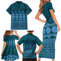 Bula Fiji Iri ni Meke Family Matching Short Sleeve Bodycon Dress and Hawaiian Shirt Karakarawa Fijian Masi LT14 - Polynesian Pride