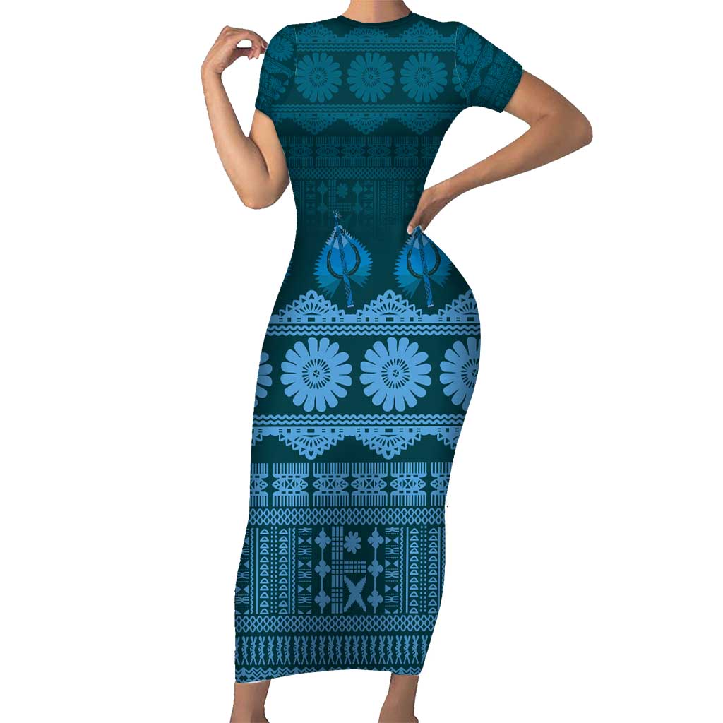 Bula Fiji Iri ni Meke Family Matching Short Sleeve Bodycon Dress and Hawaiian Shirt Karakarawa Fijian Masi LT14 Mom's Dress Blue - Polynesian Pride