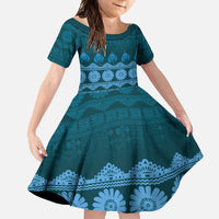 Bula Fiji Iri ni Meke Family Matching Tank Maxi Dress and Hawaiian Shirt Karakarawa Fijian Masi LT14 Daughter's Dress Blue - Polynesian Pride
