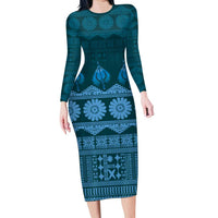 Bula Fiji Iri ni Meke Long Sleeve Bodycon Dress Karakarawa Fijian Masi LT14 Long Dress Blue - Polynesian Pride