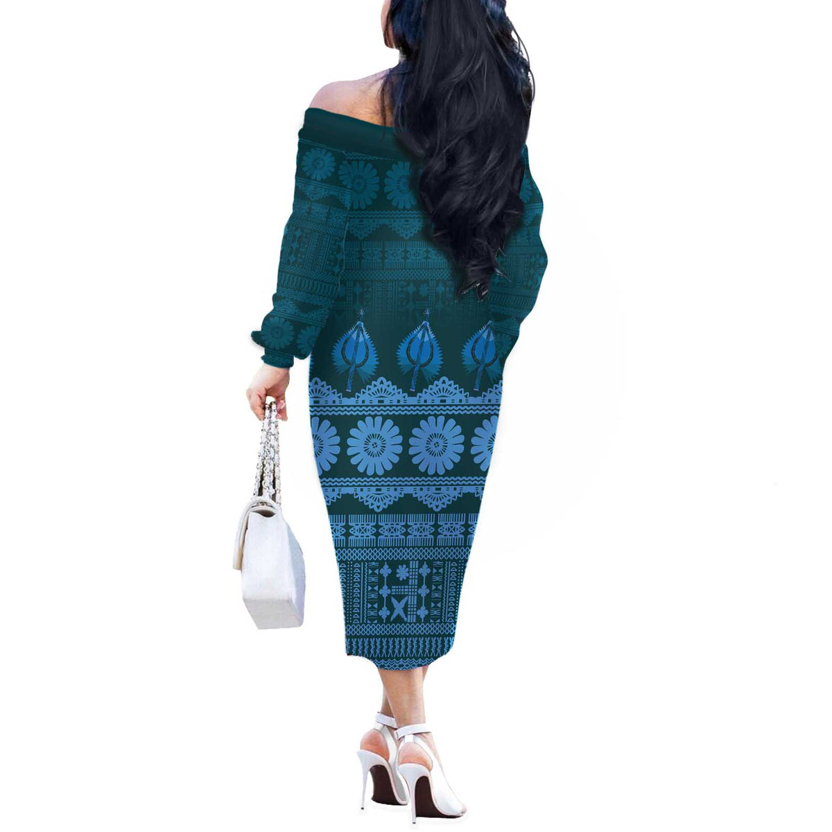 Bula Fiji Iri ni Meke Off The Shoulder Long Sleeve Dress Karakarawa Fijian Masi LT14 - Polynesian Pride