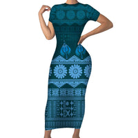 Bula Fiji Iri ni Meke Short Sleeve Bodycon Dress Karakarawa Fijian Masi LT14 Long Dress Blue - Polynesian Pride