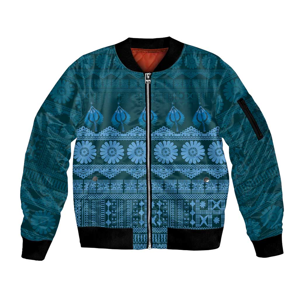 Bula Fiji Iri ni Meke Sleeve Zip Bomber Jacket Karakarawa Fijian Masi LT14 Unisex Blue - Polynesian Pride