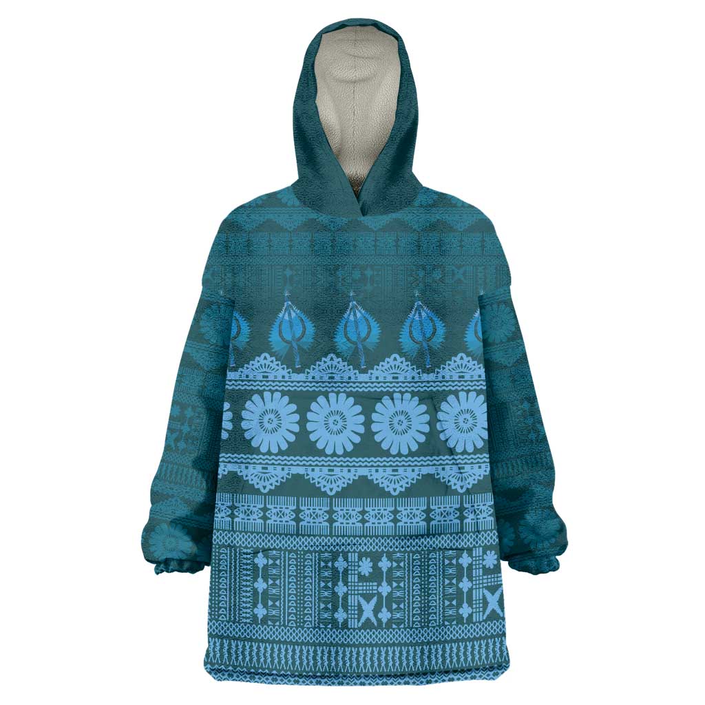 Bula Fiji Iri ni Meke Wearable Blanket Hoodie Karakarawa Fijian Masi LT14 One Size Blue - Polynesian Pride