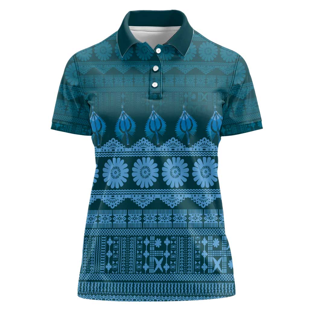 Bula Fiji Iri ni Meke Women Polo Shirt Karakarawa Fijian Masi LT14 Female Blue - Polynesian Pride