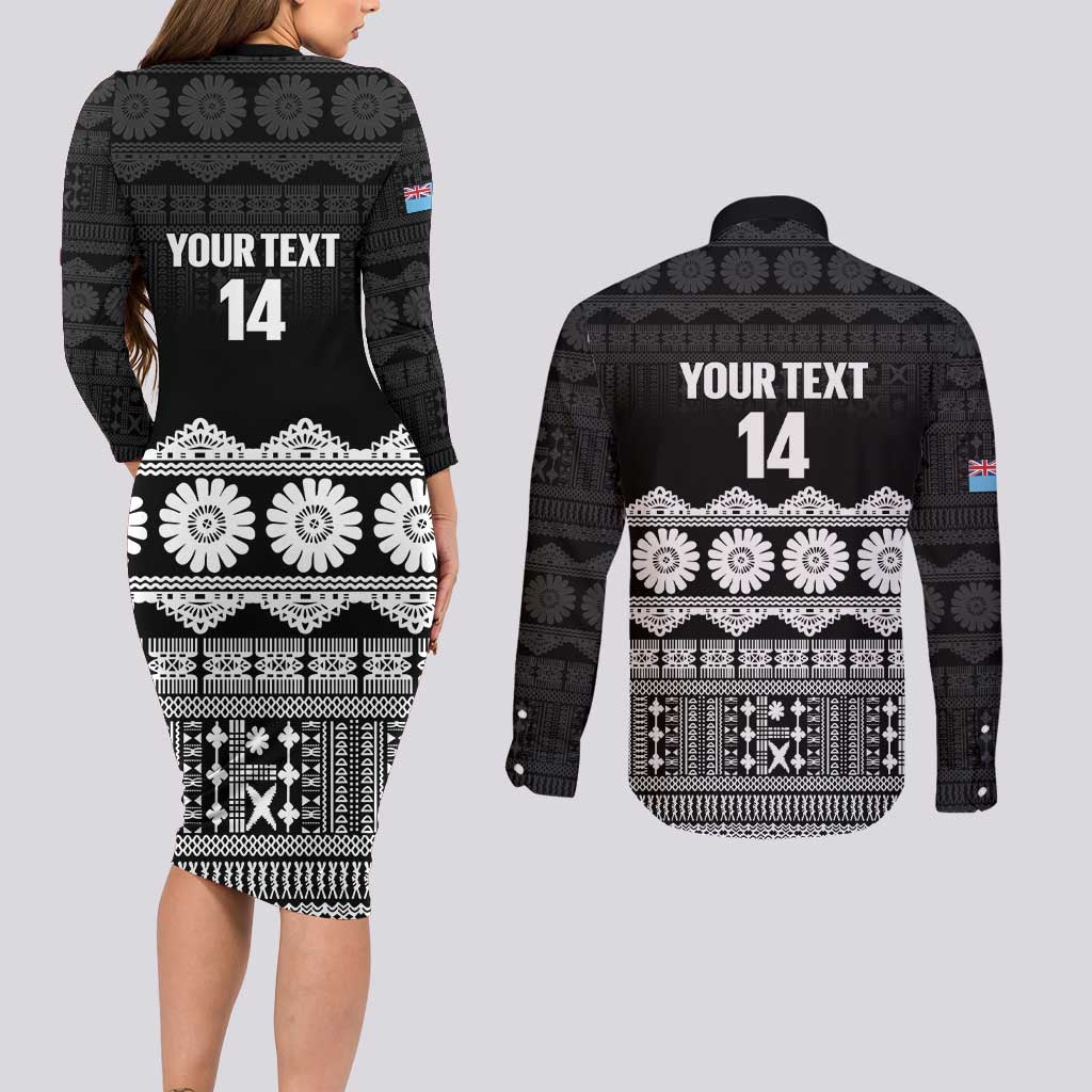 Fiji Tapa Rugby Custom Couples Matching Long Sleeve Bodycon Dress and Long Sleeve Button Shirt Go Fijiana - Polynesian Pride