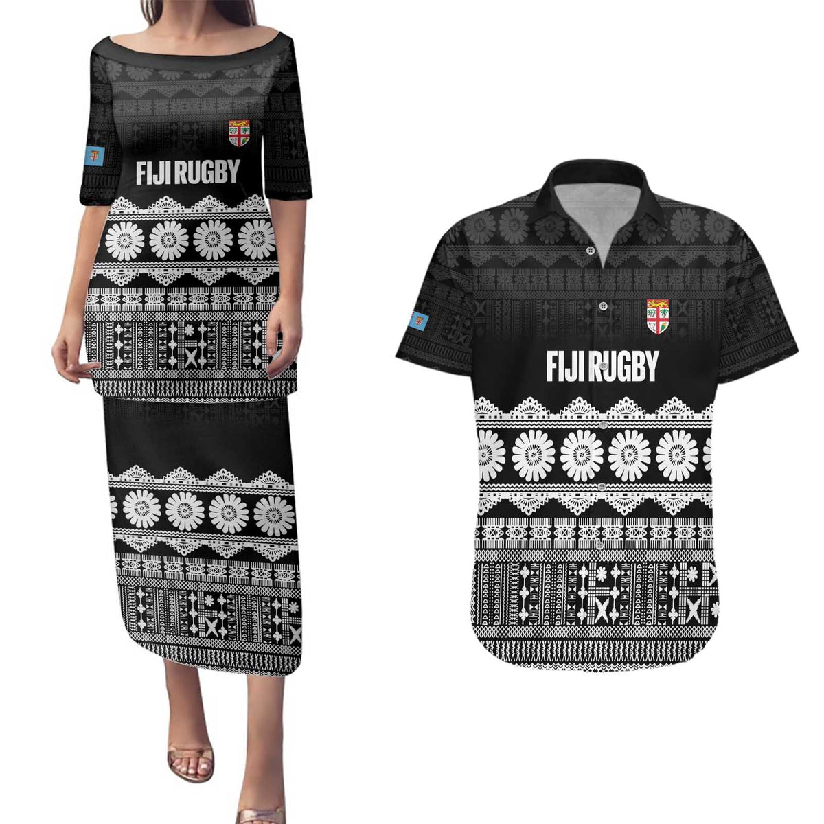 Fiji Tapa Rugby Custom Couples Matching Puletasi and Hawaiian Shirt Go Fijiana - Polynesian Pride