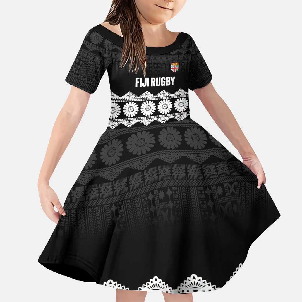 Fiji Tapa Rugby Custom Family Matching Off Shoulder Maxi Dress and Hawaiian Shirt Go Fijiana LT14 Daughter's Dress Black - Polynesian Pride