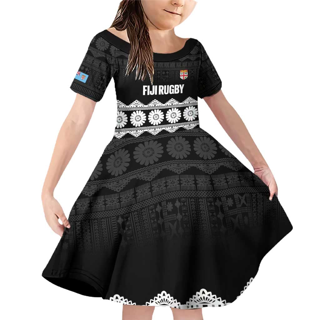 Fiji Tapa Rugby Custom Family Matching Off Shoulder Short Dress and Hawaiian Shirt Go Fijiana LT14 Daughter's Dress Black - Polynesian Pride