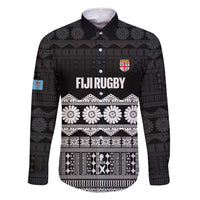 Fiji Tapa Rugby Custom Family Matching Off Shoulder Short Dress and Hawaiian Shirt Go Fijiana LT14 Dad's Shirt - Long Sleeve Black - Polynesian Pride
