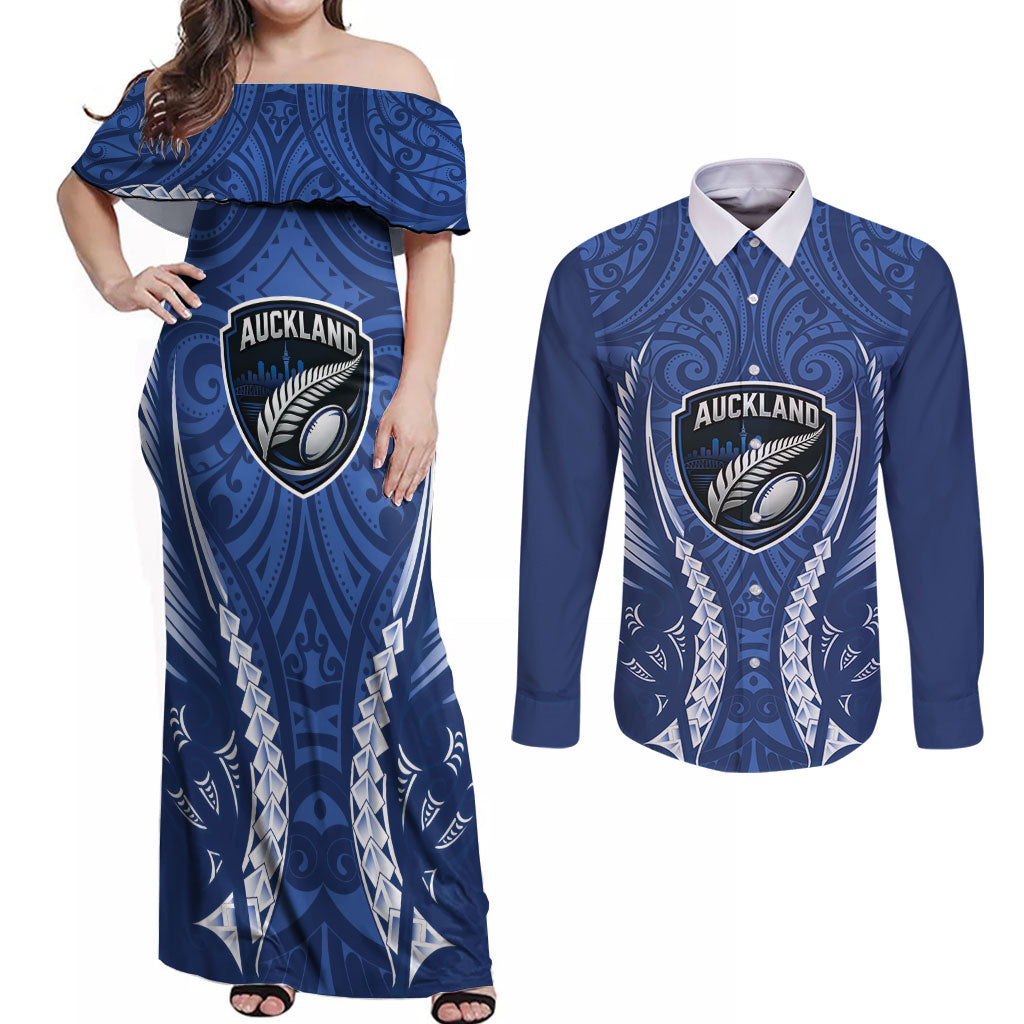Auckland 2026 Rugby Custom Couples Matching Off Shoulder Maxi Dress and Long Sleeve Button Shirt NZ Maori Silver Fern LT14 Blue - Polynesian Pride