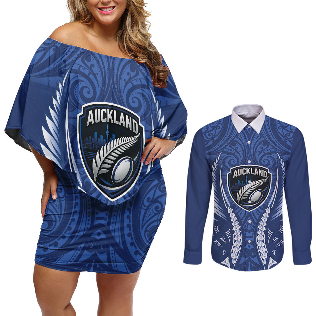 Auckland 2026 Rugby Custom Couples Matching Off Shoulder Short Dress and Long Sleeve Button Shirt NZ Maori Silver Fern