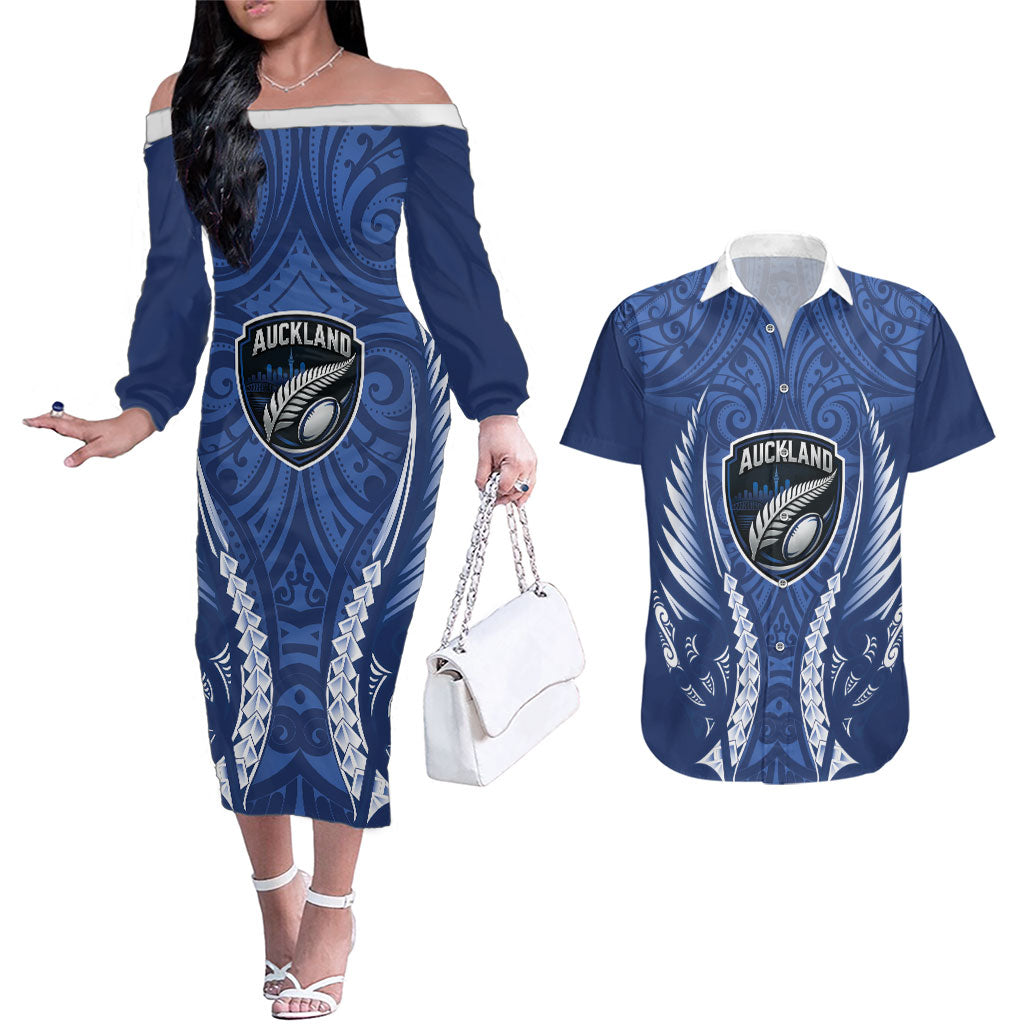 Auckland 2026 Rugby Custom Couples Matching Off The Shoulder Long Sleeve Dress and Hawaiian Shirt NZ Maori Silver Fern LT14 Blue - Polynesian Pride