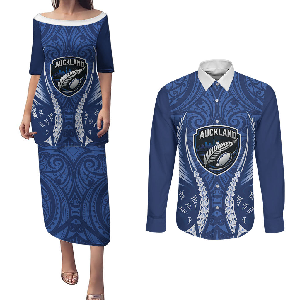 Auckland 2026 Rugby Custom Couples Matching Puletasi and Long Sleeve Button Shirt NZ Maori Silver Fern LT14 Blue - Polynesian Pride