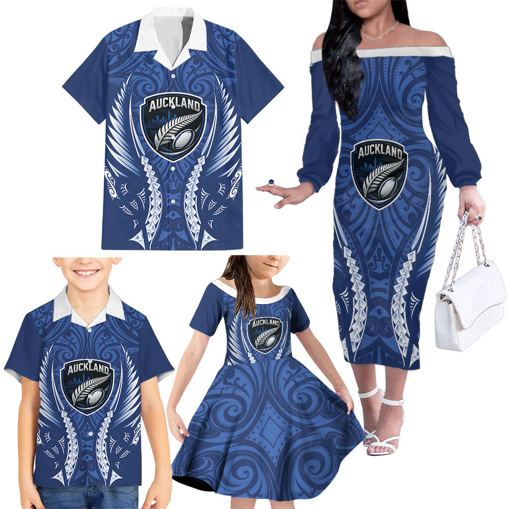 Auckland 2026 Rugby Custom Family Matching Off The Shoulder Long Sleeve Dress and Hawaiian Shirt NZ Maori Silver Fern LT14 - Polynesian Pride