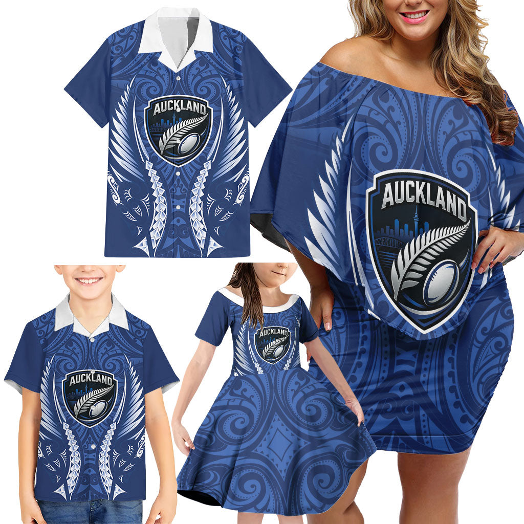 Auckland 2026 Rugby Custom Family Matching Off Shoulder Short Dress and Hawaiian Shirt NZ Maori Silver Fern LT14 - Polynesian Pride