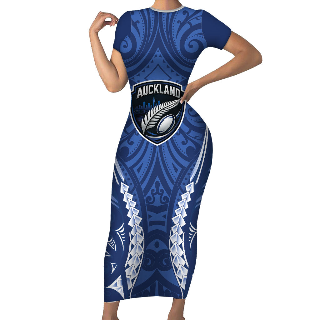Auckland 2026 Rugby Custom Family Matching Short Sleeve Bodycon Dress and Hawaiian Shirt NZ Maori Silver Fern LT14 Mom's Dress Blue - Polynesian Pride