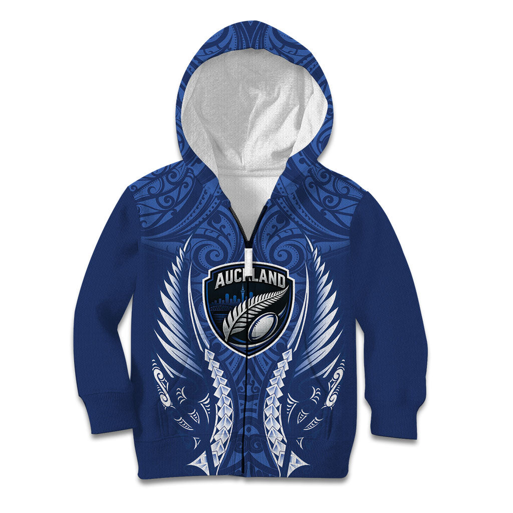 Auckland 2026 Rugby Custom Kid Hoodie NZ Maori Silver Fern LT14 Zip Hoodie Blue - Polynesian Pride