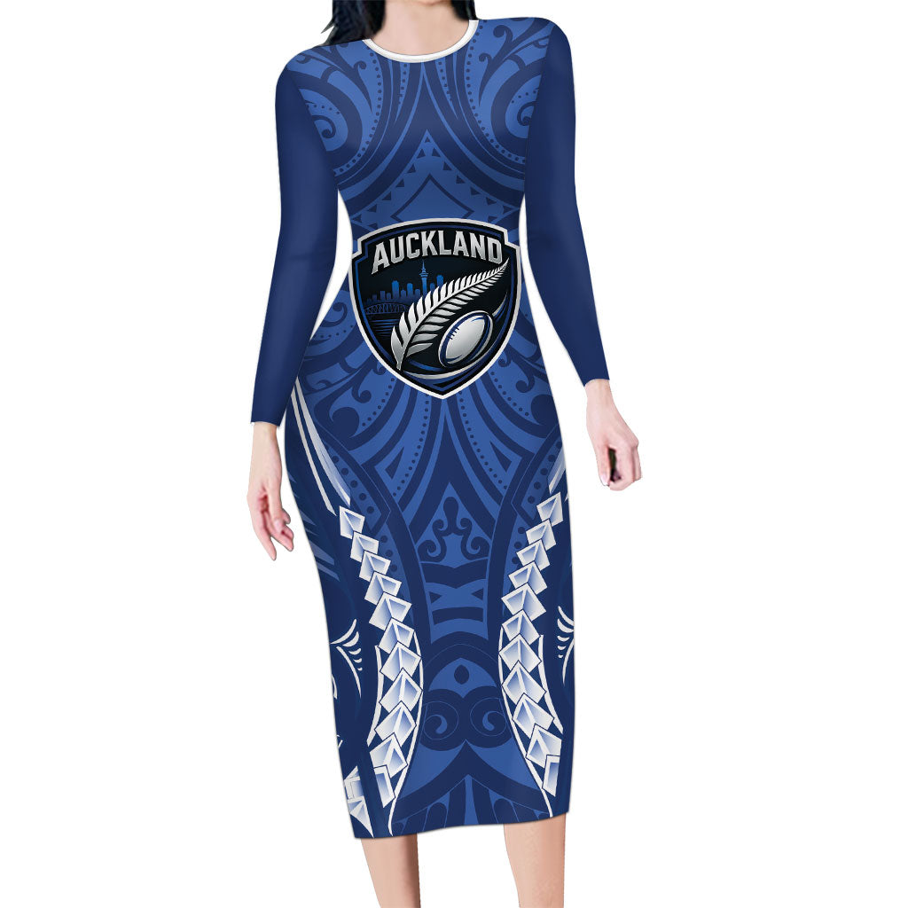 Auckland 2026 Rugby Custom Long Sleeve Bodycon Dress NZ Maori Silver Fern LT14 Long Dress Blue - Polynesian Pride