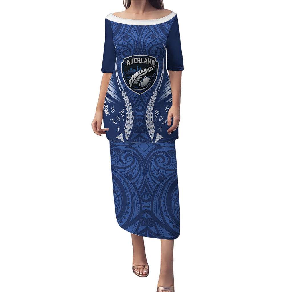 Auckland 2026 Rugby Custom Puletasi NZ Maori Silver Fern LT14 Long Dress Blue - Polynesian Pride
