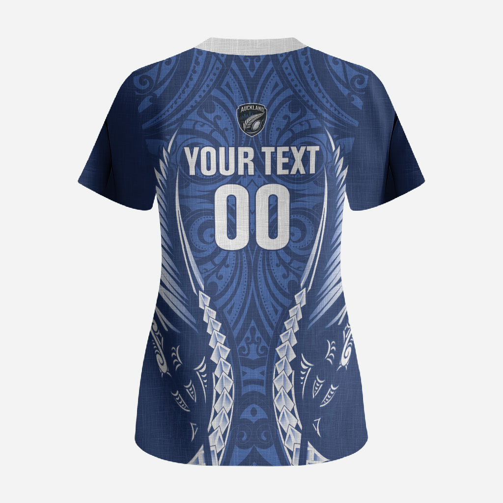 Auckland 2026 Rugby Custom Scrub Top NZ Maori Silver Fern LT14 - Polynesian Pride