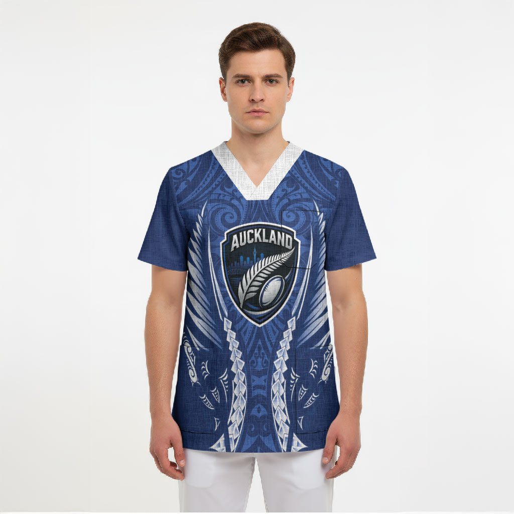 Auckland 2026 Rugby Custom Scrub Top NZ Maori Silver Fern LT14 - Polynesian Pride