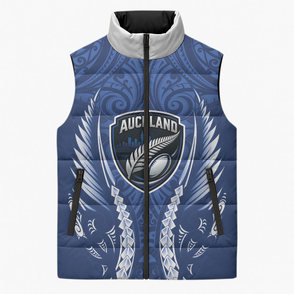 Auckland 2026 Rugby Custom Sleeveless Puffer Jacket NZ Maori Silver Fern LT14 Unisex Blue - Polynesian Pride