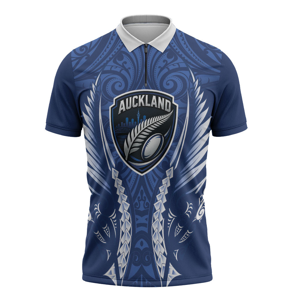 Auckland 2026 Rugby Custom Zipper Polo Shirt NZ Maori Silver Fern LT14 Blue - Polynesian Pride