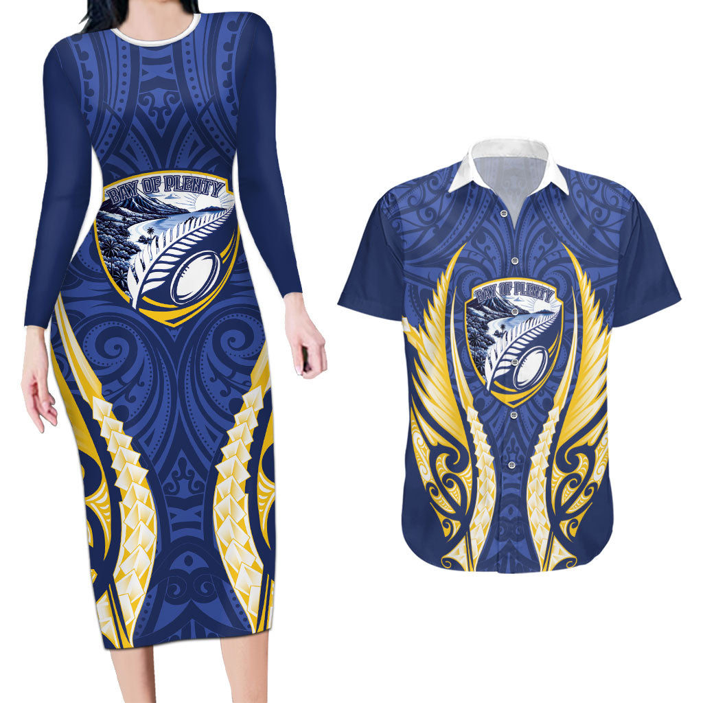 Bay of Plenty 2026 Rugby Custom Couples Matching Long Sleeve Bodycon Dress and Hawaiian Shirt NZ Maori Silver Fern LT14 Blue - Polynesian Pride