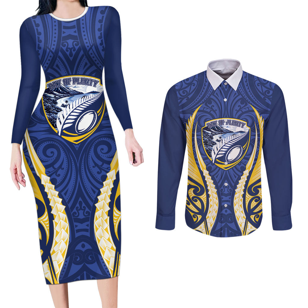 Bay of Plenty 2026 Rugby Custom Couples Matching Long Sleeve Bodycon Dress and Long Sleeve Button Shirt NZ Maori Silver Fern LT14 Blue - Polynesian Pride